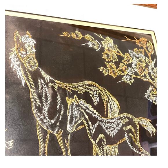 VTG 1930s Embroidery Under Glass HORSE ART Framed Mare Colt Filly Trees 18.5x22" - Picture 3 of 8